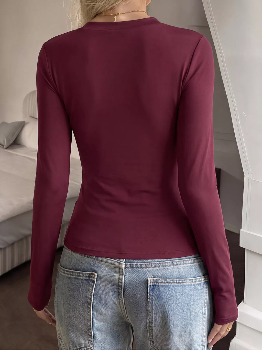 Burgundy slim-Fit Long Sleeve Crew Neck T-Shirt — back view