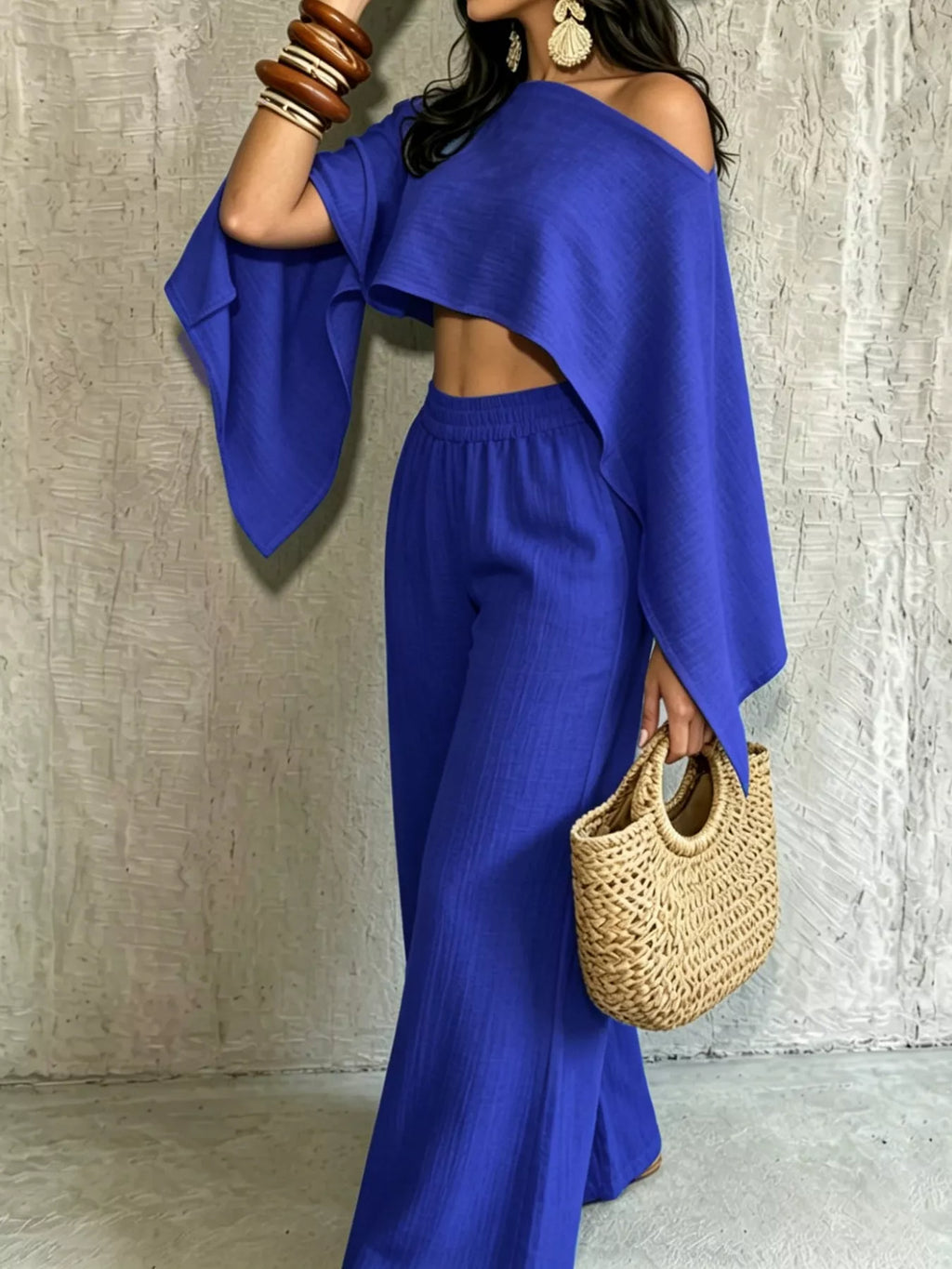 Royal blue boat Neck Crop Top and Wide-Leg Pants Set — detail view