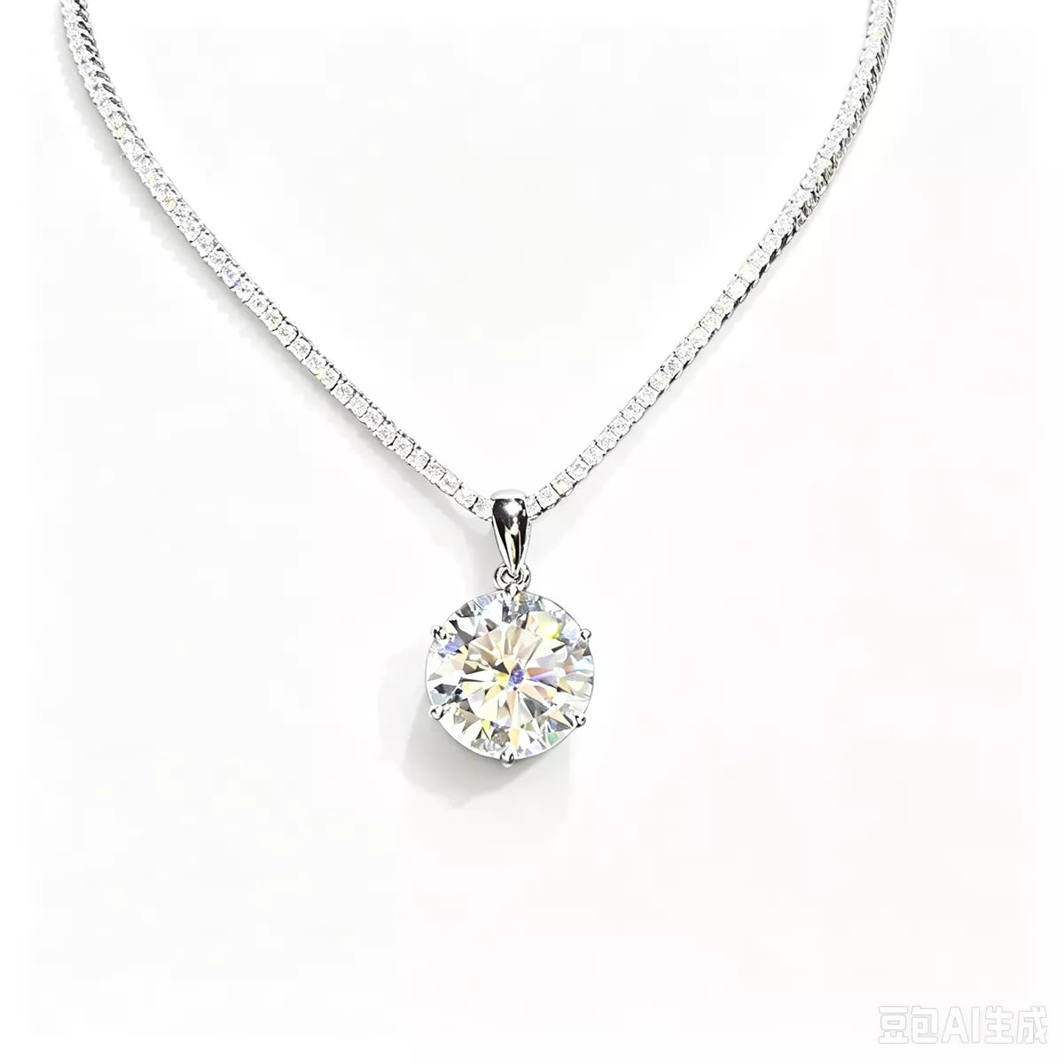 Silver-tone necklace with a round clear stone pendant — detail view