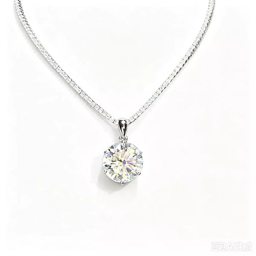 Silver-tone necklace with a round clear stone pendant — detail view