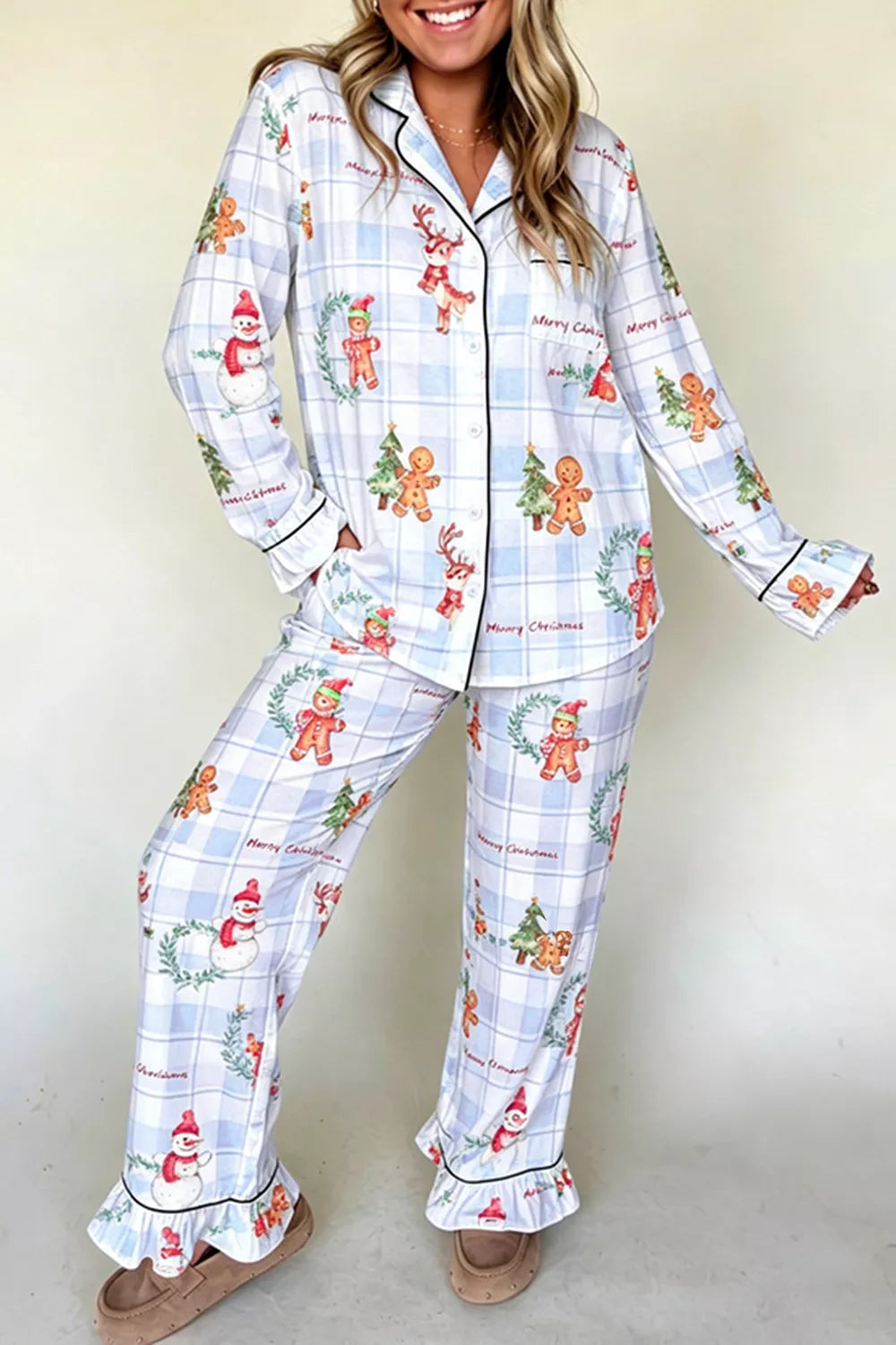 Light blue plaid Cartoon Christmas Pattern Shirt Top 2pcs Pajama Set