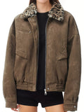 Brown zip-up jacket with a leopard-print collar and front pockets.
