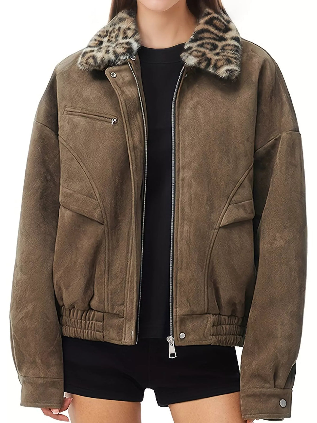 Brown zip-up jacket with a leopard-print collar and front pockets.