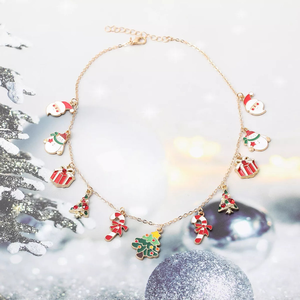 Gold-tone necklace with colorful Christmas charms — detail view