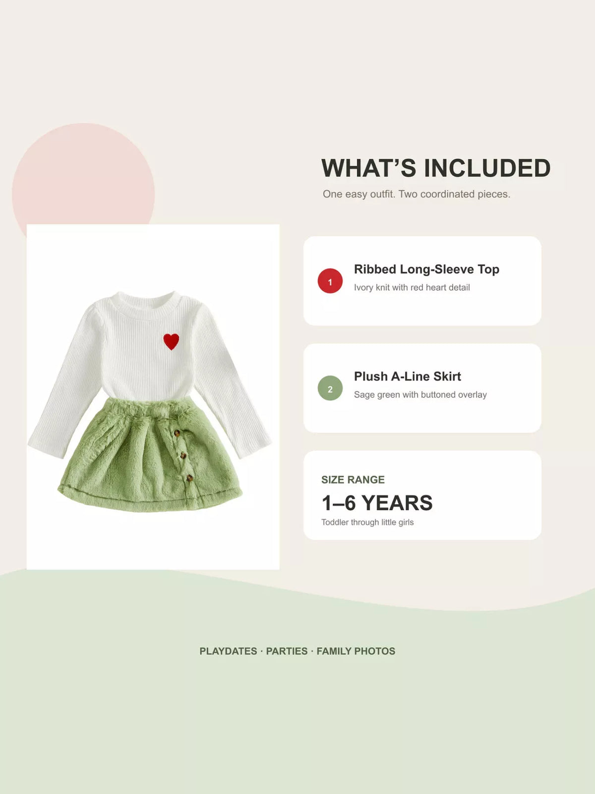 Product collage showing white heart top and green fuzzy skirt