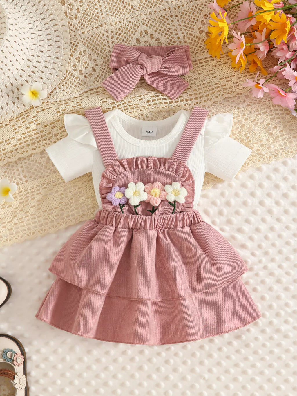 White baby bodysuit with dusty pink tiered suspender skirt, flower appliques and matching bow headband.