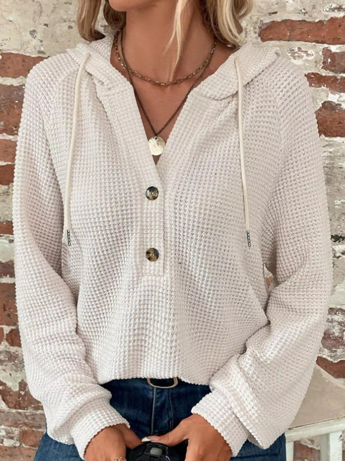 White waffle Knit Button Detail Hoodie