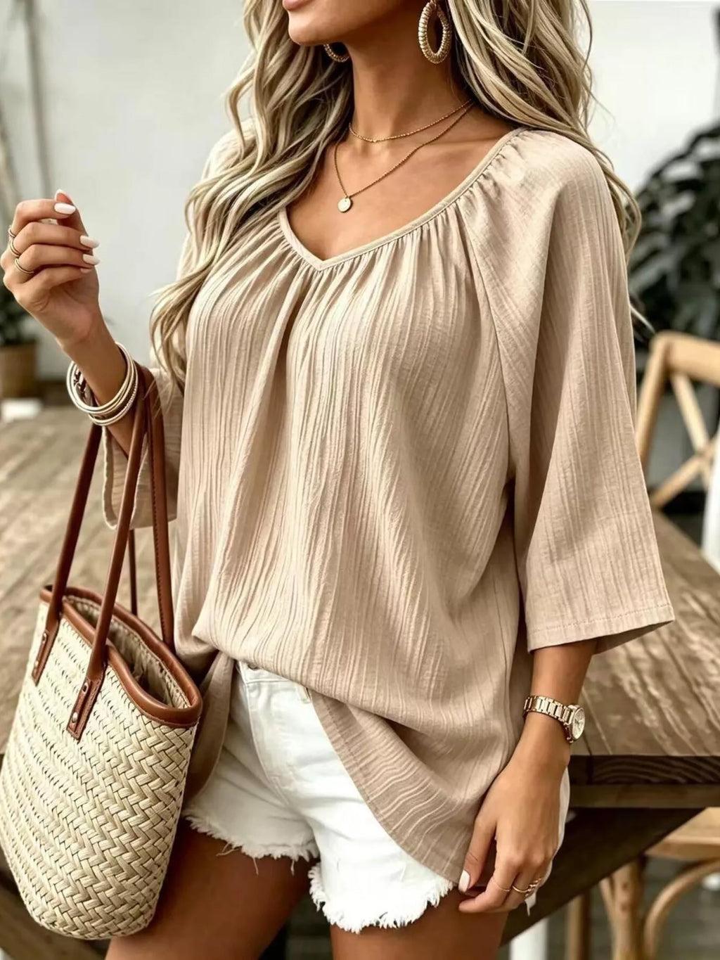 Beige textured V-Neck T-Shirt