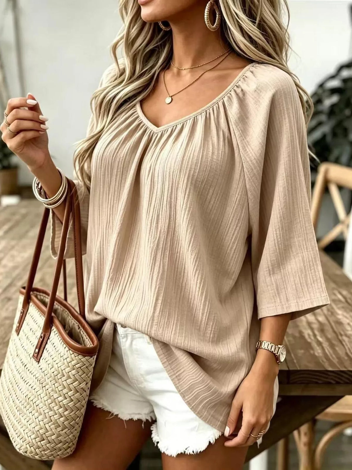 Beige textured V-Neck T-Shirt