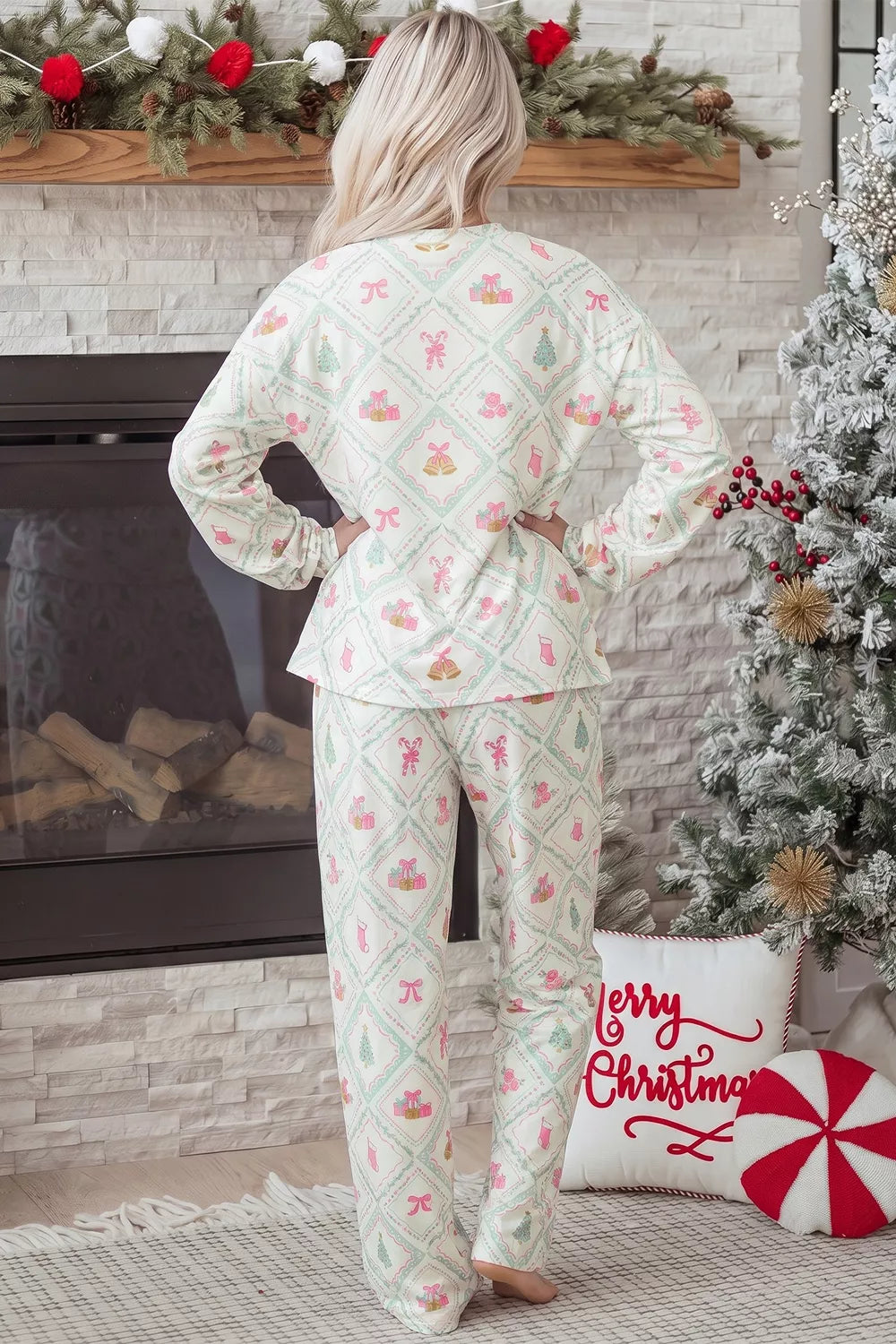 White long Sleeve Patchwork Shift and Pants Christmas Daily Wear Lounge Set — back view