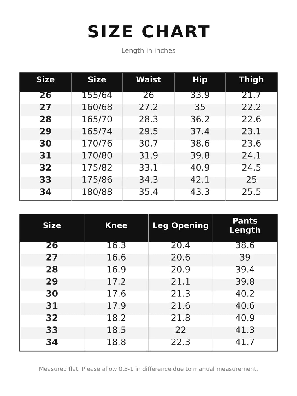 Size chart for high-waisted straight-leg pants