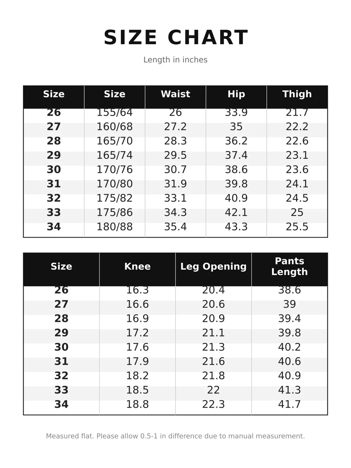 Size chart for high-waisted straight-leg pants