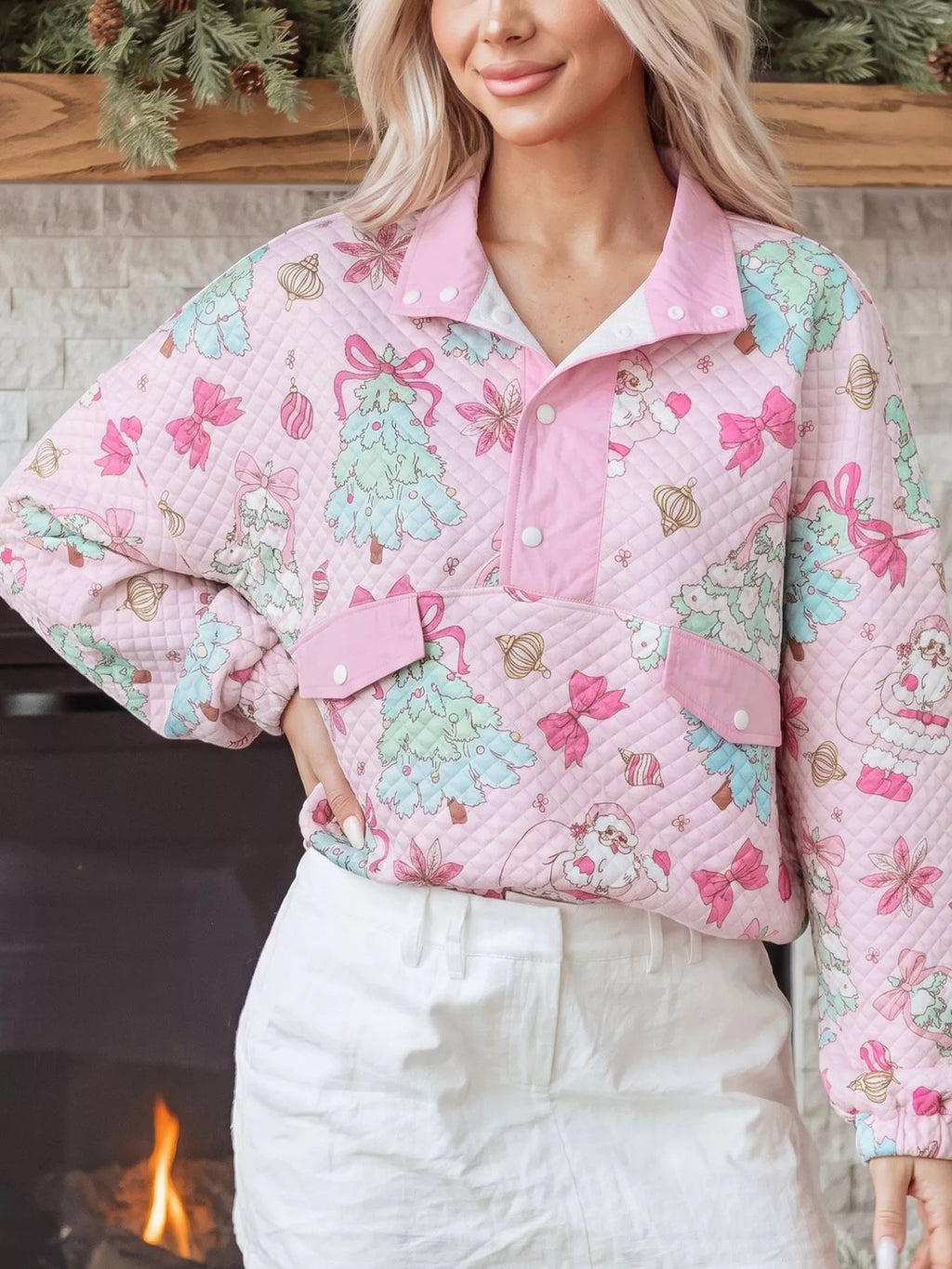 Pink christmas Print Collar Half Button Loose Sweatshirt