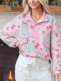 Pink christmas Print Collar Half Button Loose Sweatshirt