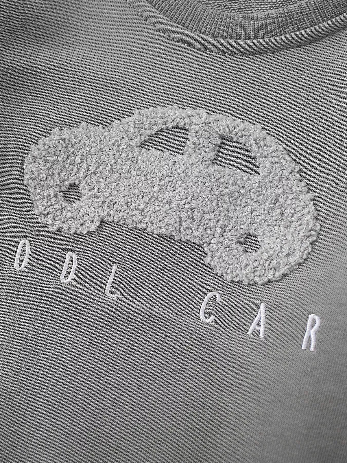 Close-up of the textured light gray car applique and Cool Car lettering.