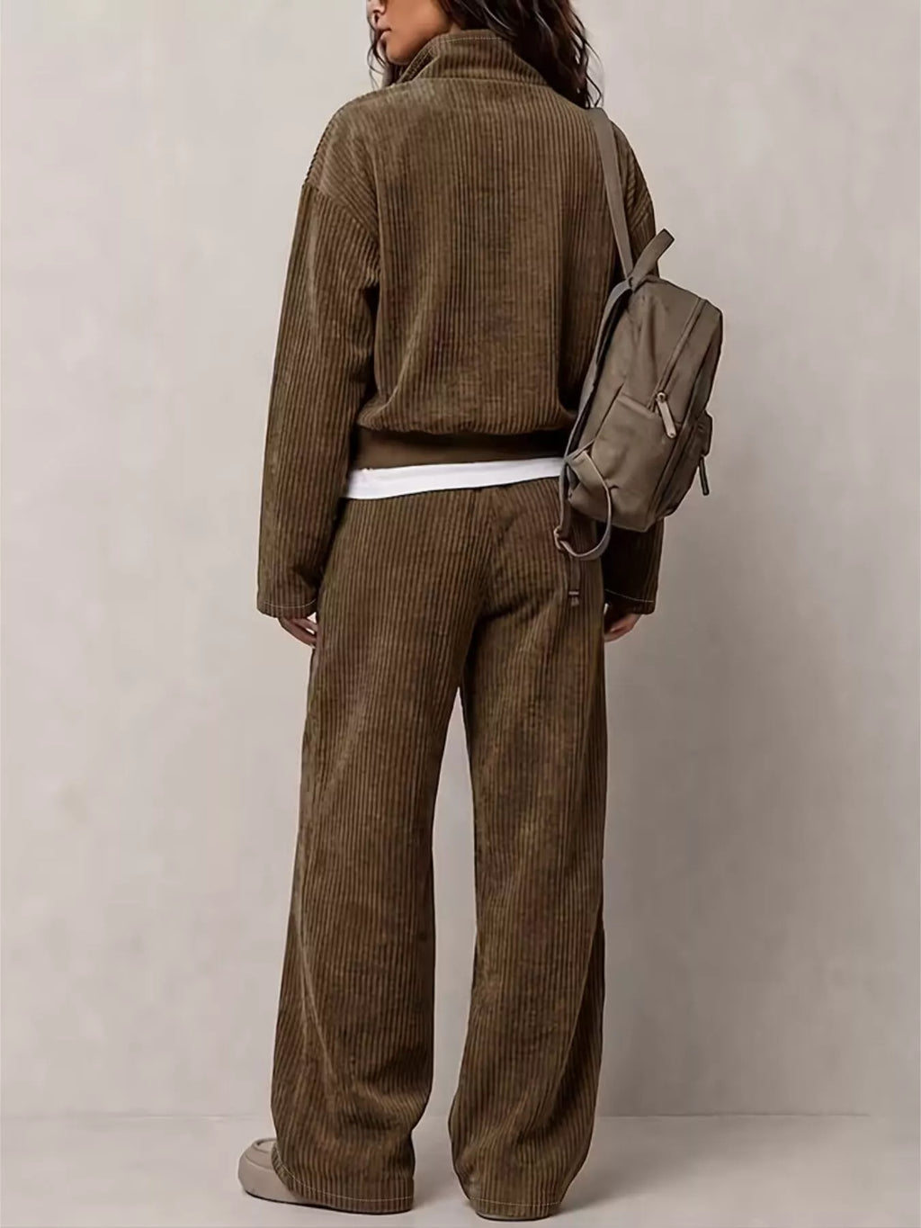 Brown corduroy Button Detail Top and Wide-Leg Pants Set — back view