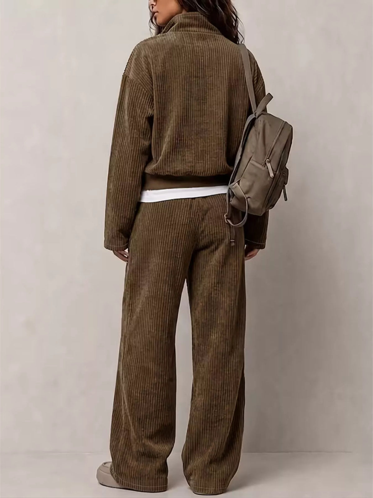 Brown corduroy Button Detail Top and Wide-Leg Pants Set — back view