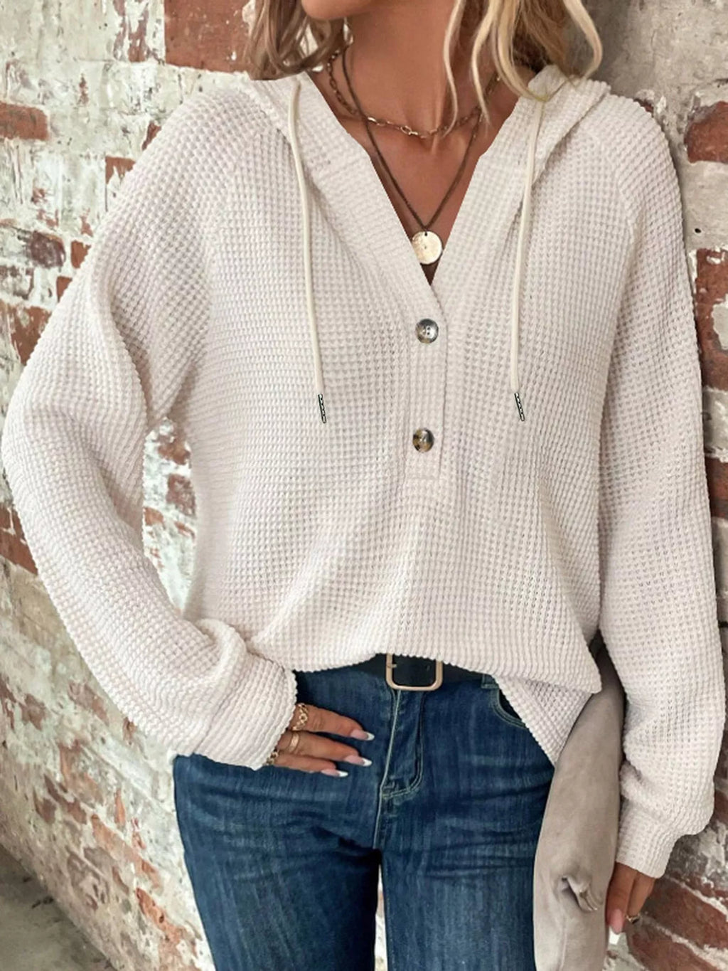 White waffle Knit Button Detail Hoodie