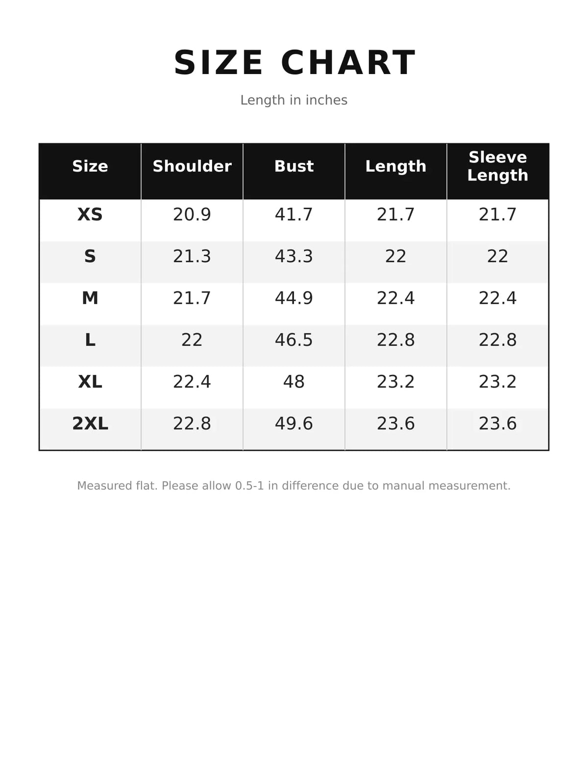 Size chart for the faux-leather cropped bomber jacket, with measurements in inches.