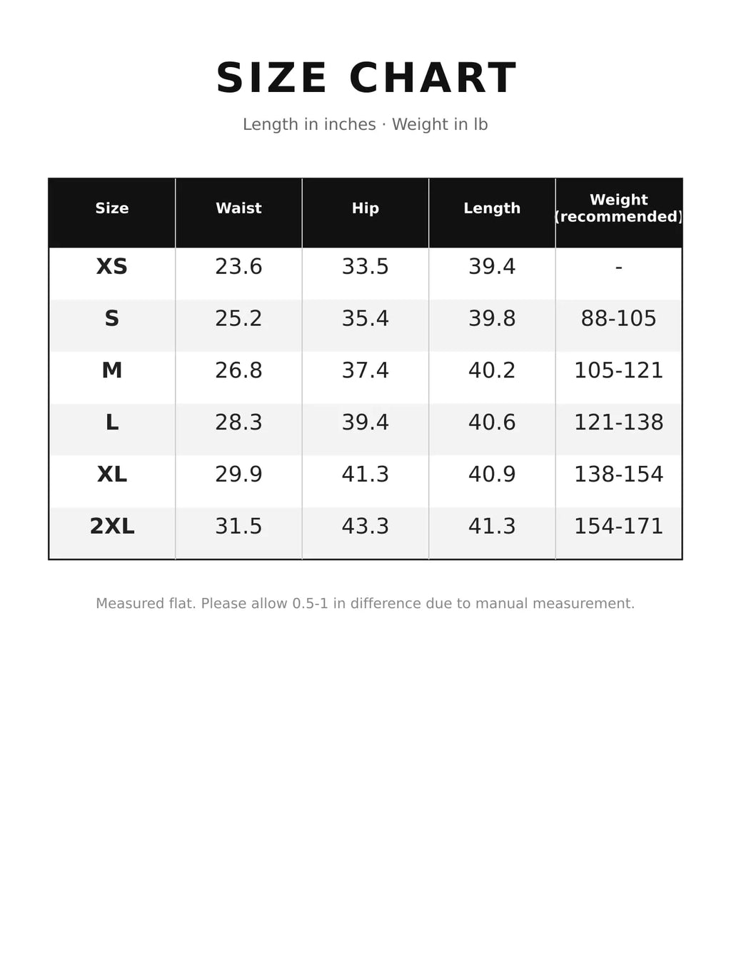 Size chart for flare jeans with pockets