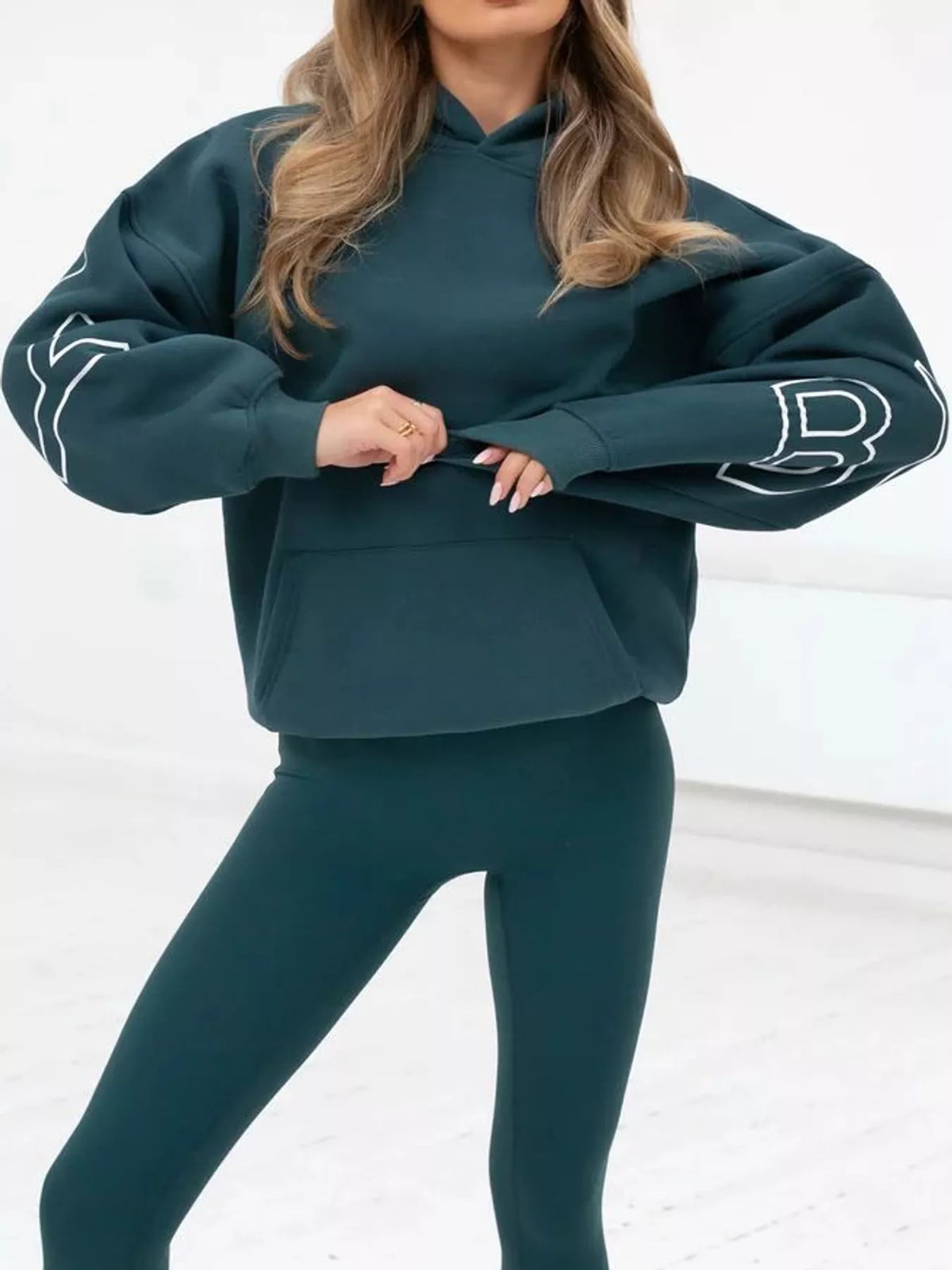 Teal letter Back Hoodie with Kangaroo Pocket