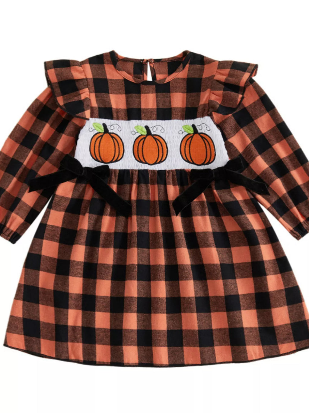 Children’s orange and black plaid smocked dress with pumpkin embroidery displayed flat