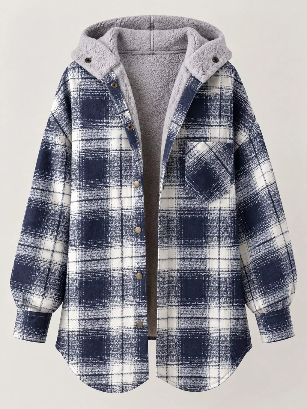 Navy-and-white plaid jacket with hood lining visible.