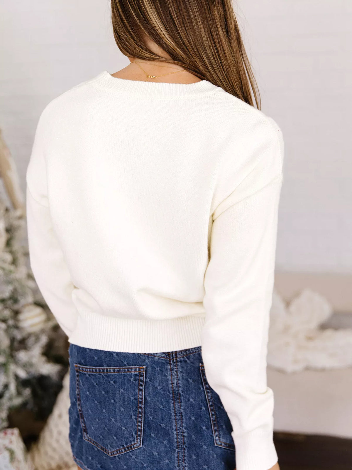 Cream pixel Snowflake Reindeer Christmas Round Neck Sweater — back view