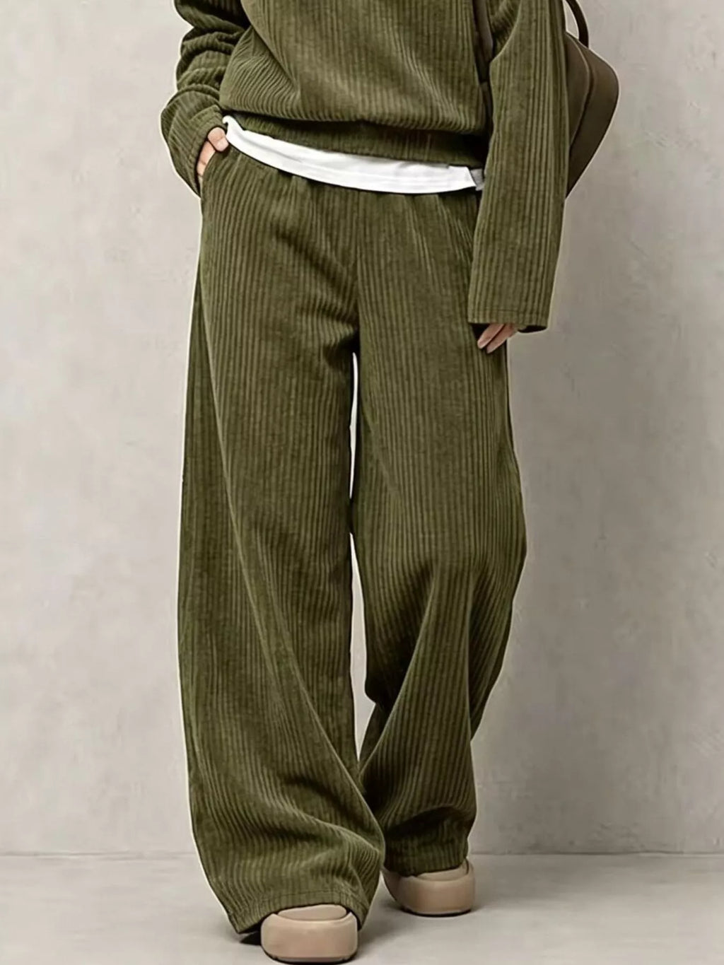 Olive green corduroy Button Detail Top and Wide-Leg Pants Set — detail view