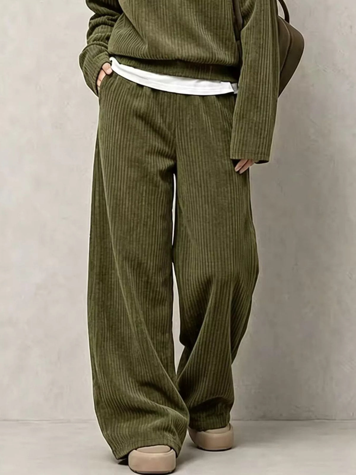 Olive green corduroy Button Detail Top and Wide-Leg Pants Set — detail view
