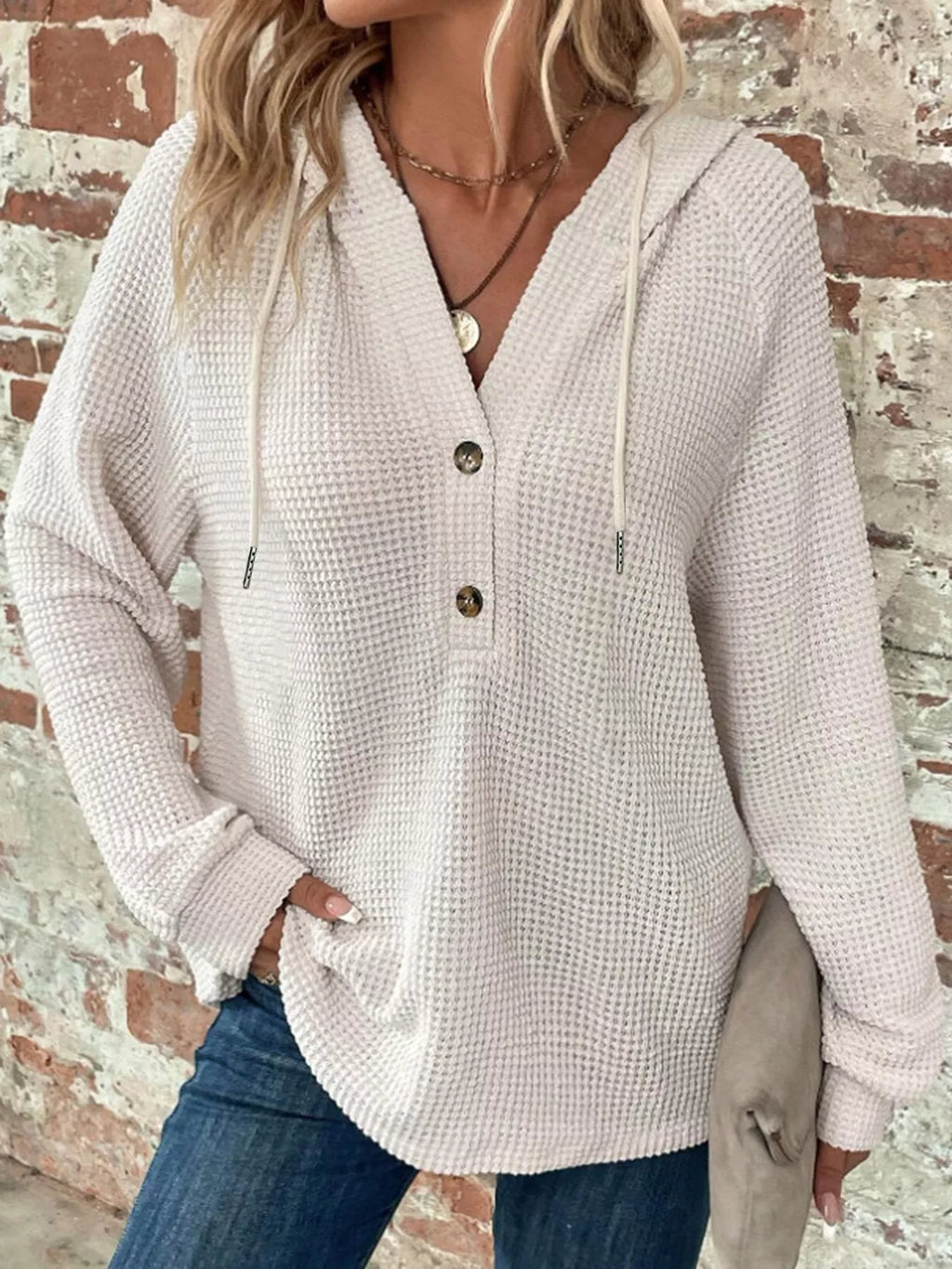 White waffle Knit Button Detail Hoodie