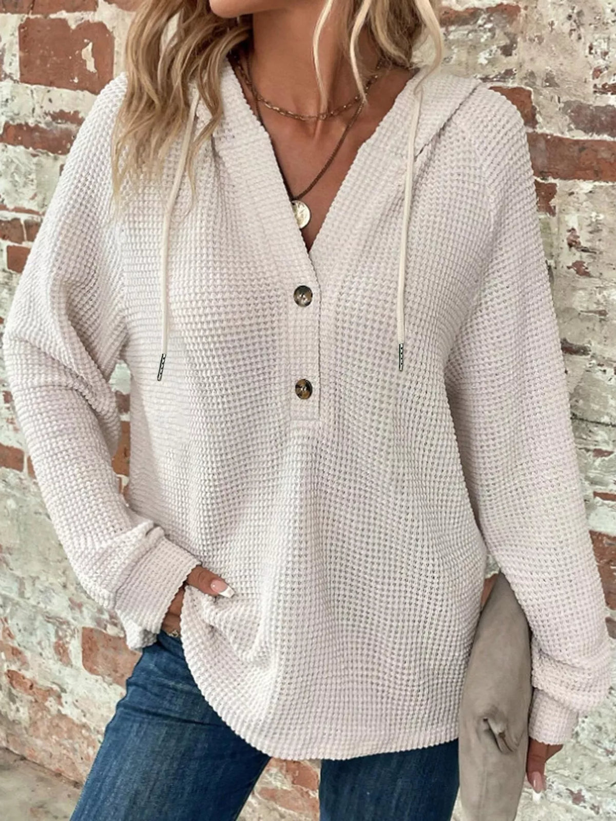 White waffle Knit Button Detail Hoodie