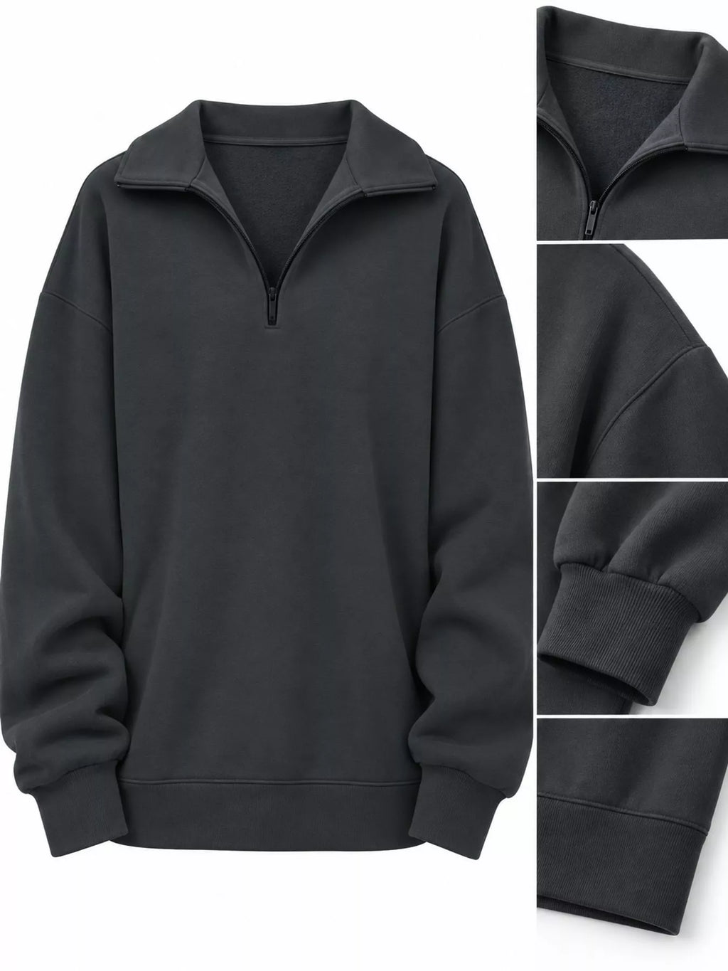 Charcoal gray quarter-Zip Dropped Shoulder Sweatshirt — detail view