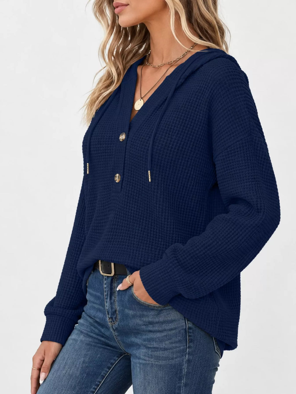Navy waffle Knit Button Detail Hoodie