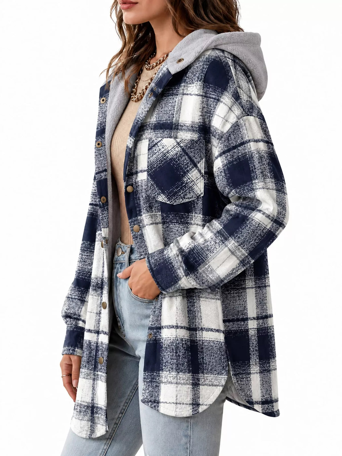 Side view of the navy-and-white plaid hooded jacket.