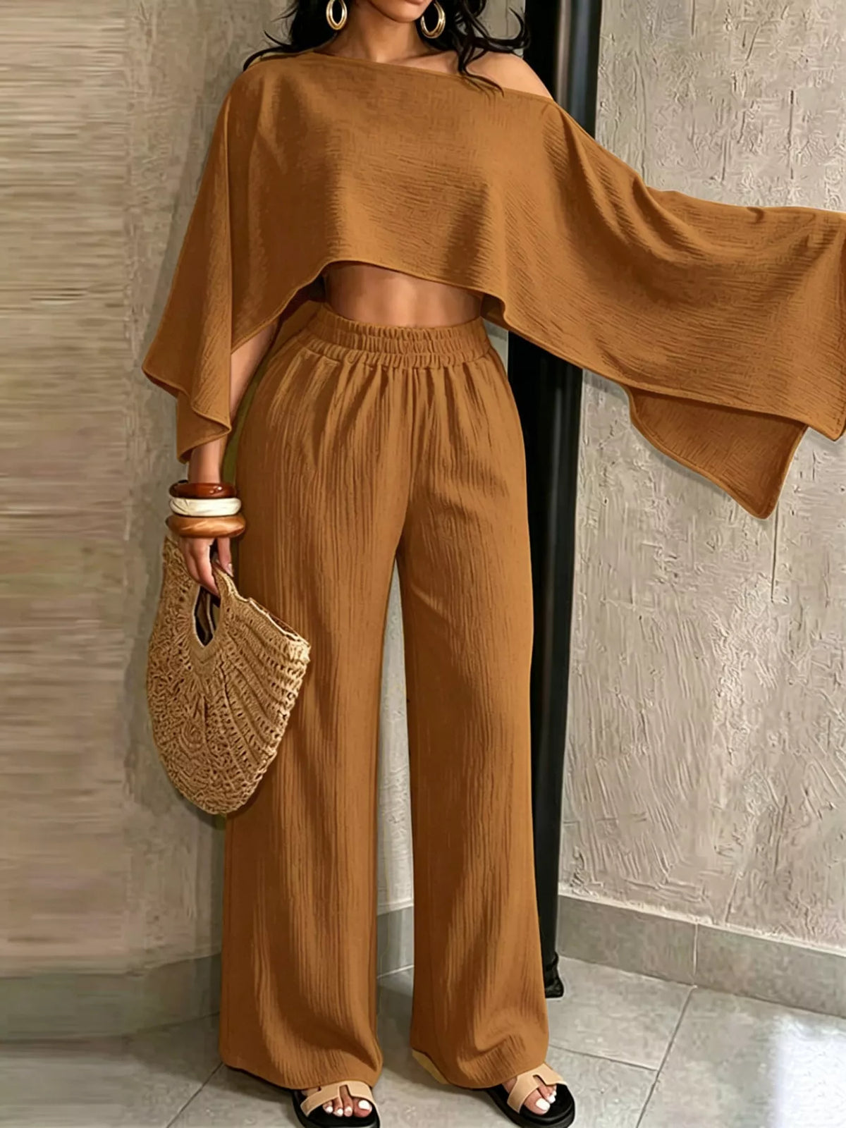 Brown boat Neck Crop Top and Wide-Leg Pants Set