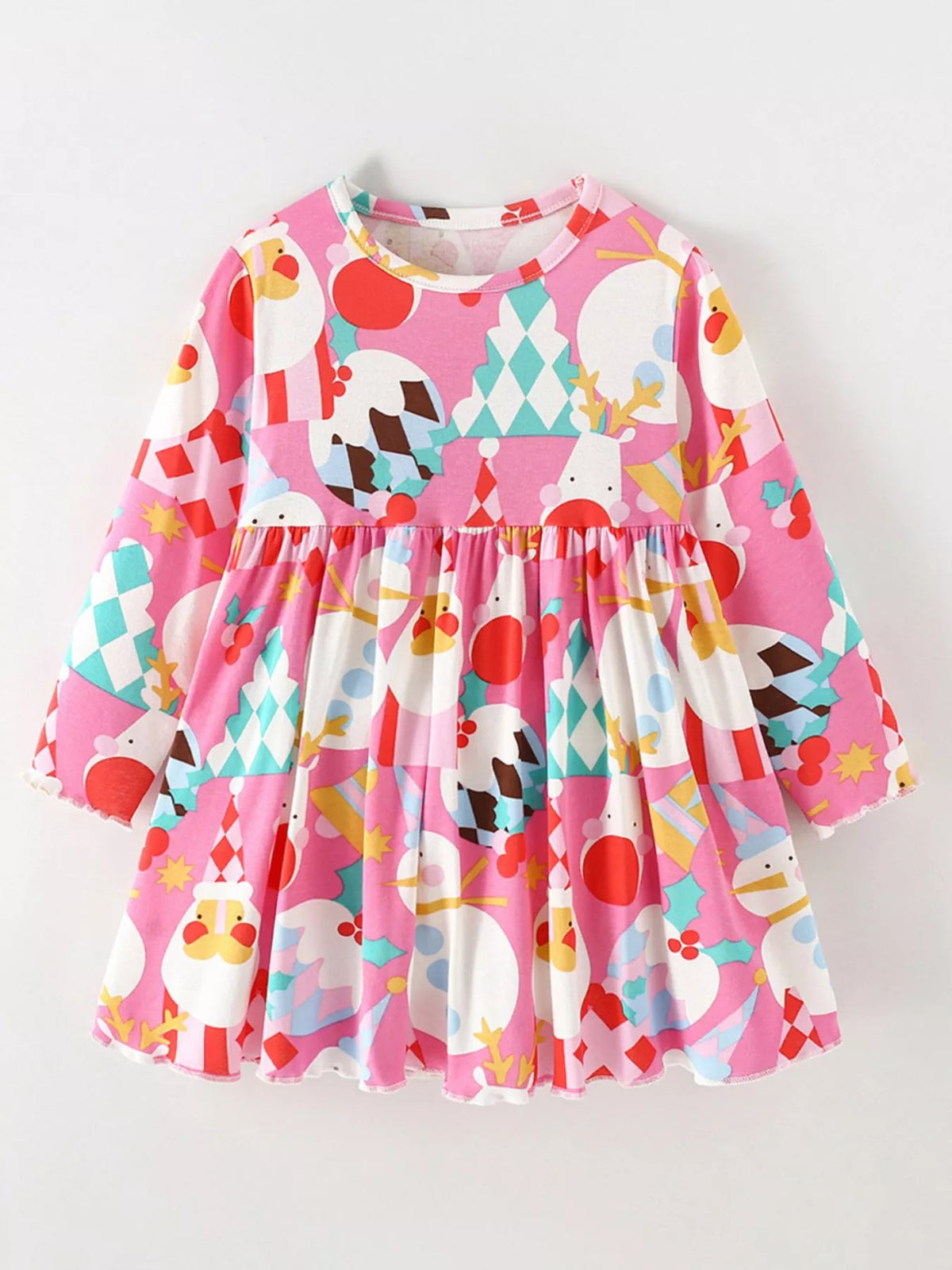 Pink long-sleeve A-line dress with colorful Christmas ornament print displayed flat