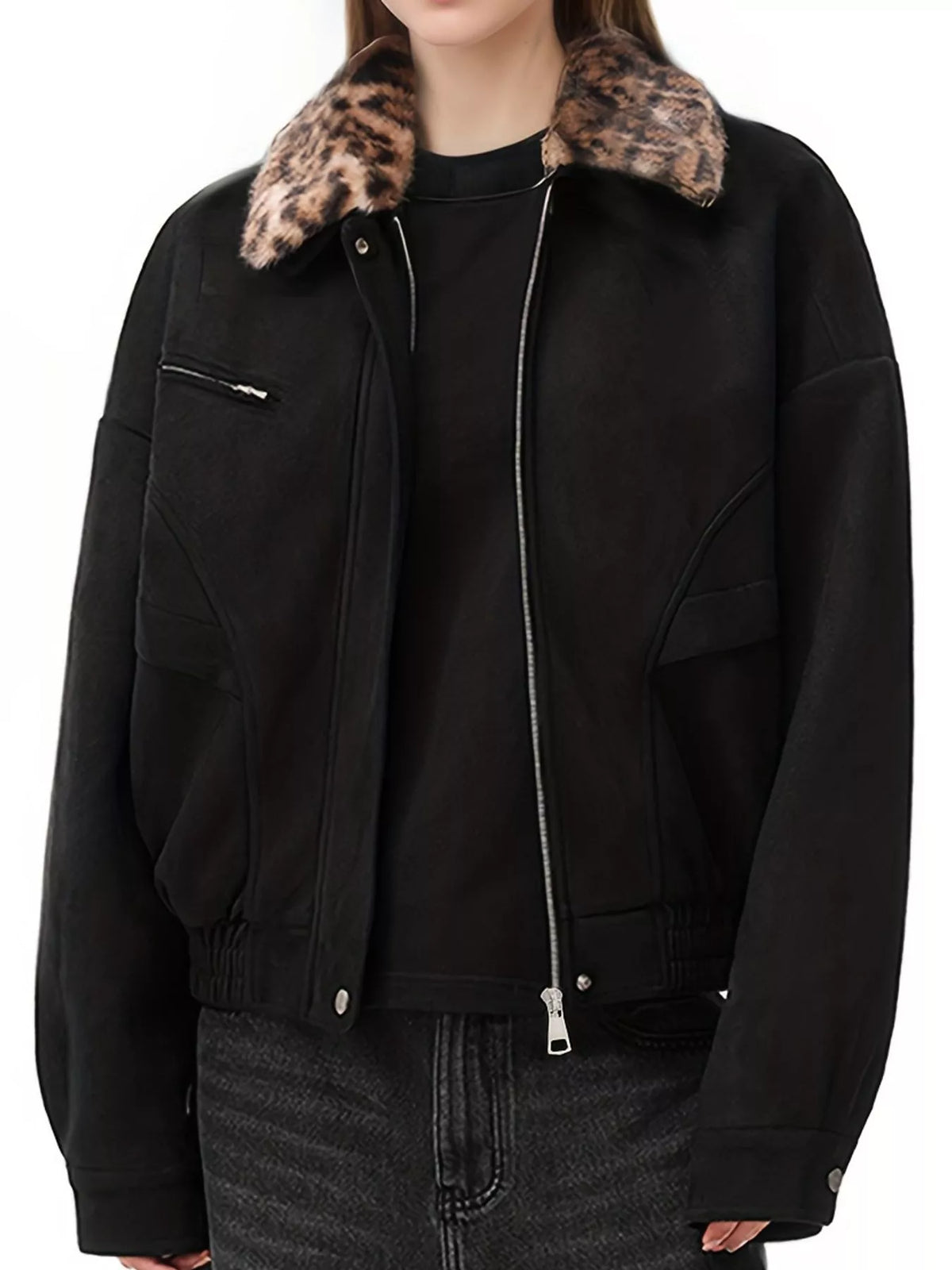Close front view of the black leopard-collar jacket.