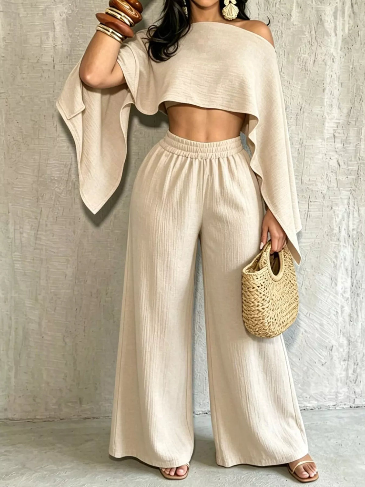 Cream boat Neck Crop Top and Wide-Leg Pants Set