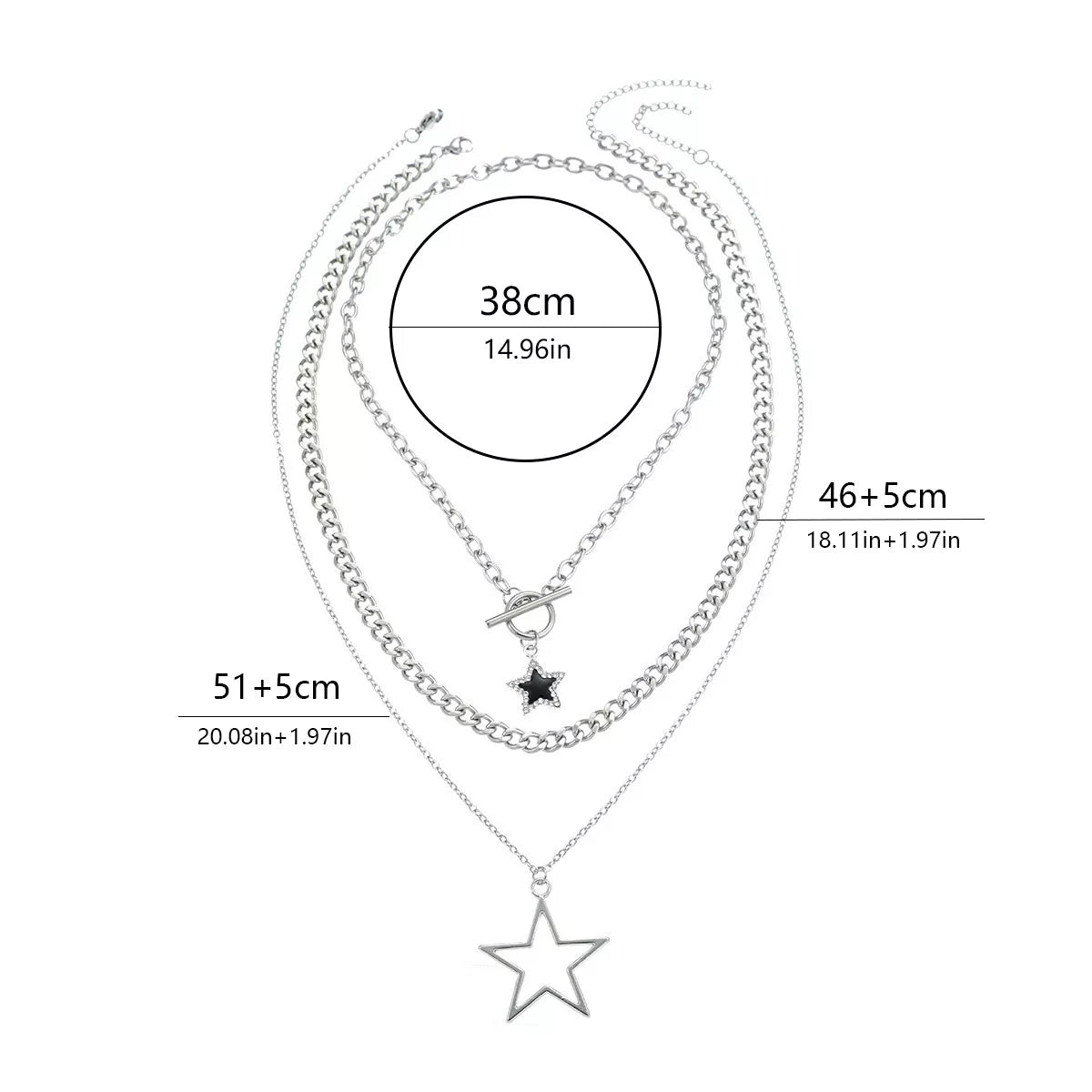 Measurements diagram for three layered silver-tone necklaces with star pendants
