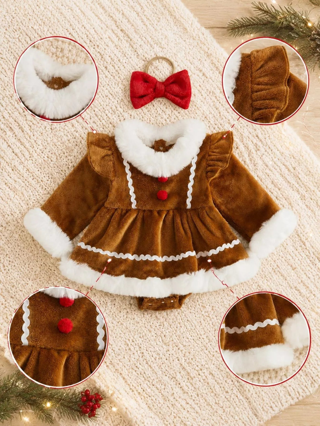 Brown baby dress and red headband with inset views of white trim, gathered sleeve and red buttons.