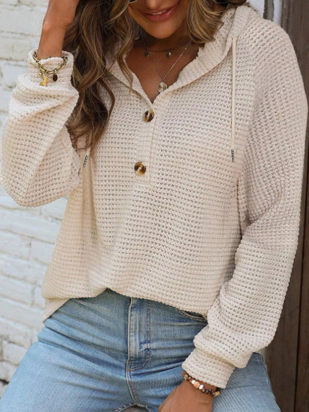 Beige waffle Knit Button Detail Hoodie