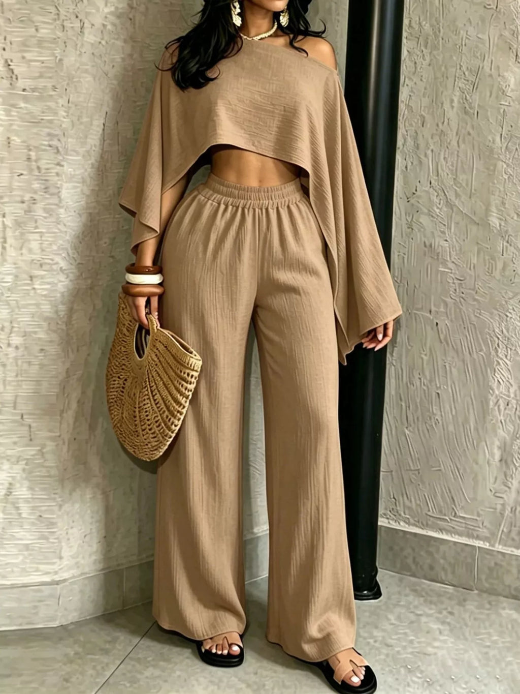 Tan boat Neck Crop Top and Wide-Leg Pants Set