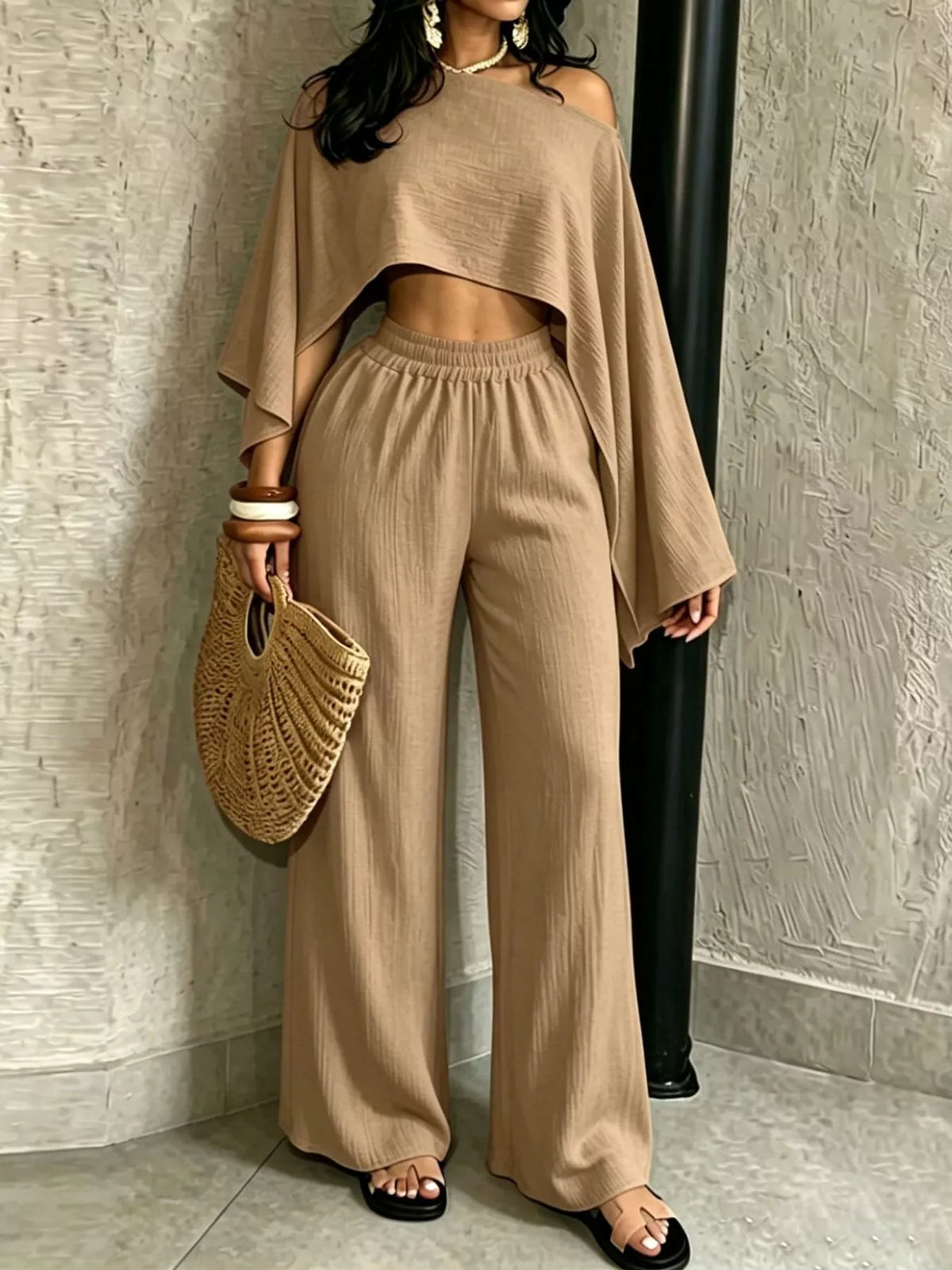 Tan boat Neck Crop Top and Wide-Leg Pants Set
