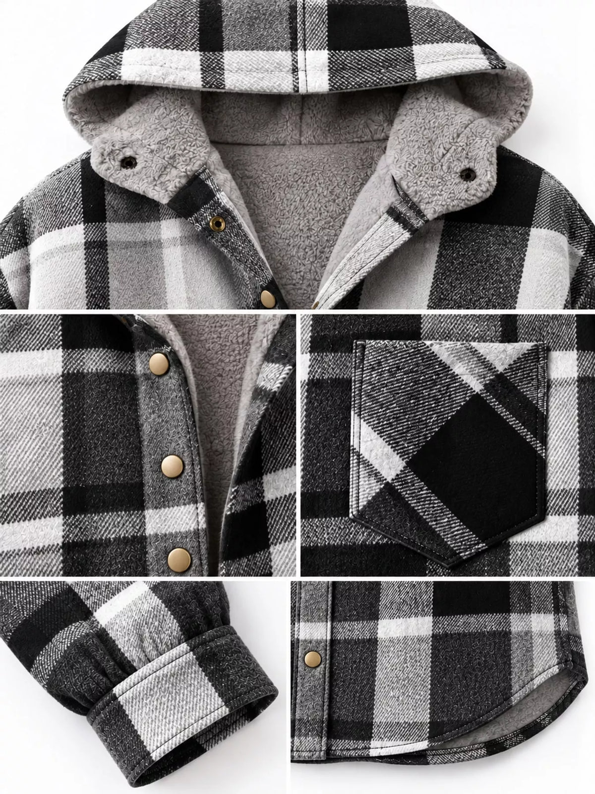 Collage of the black-and-white plaid jacket's plush hood lining, buttons, pocket and cuff.