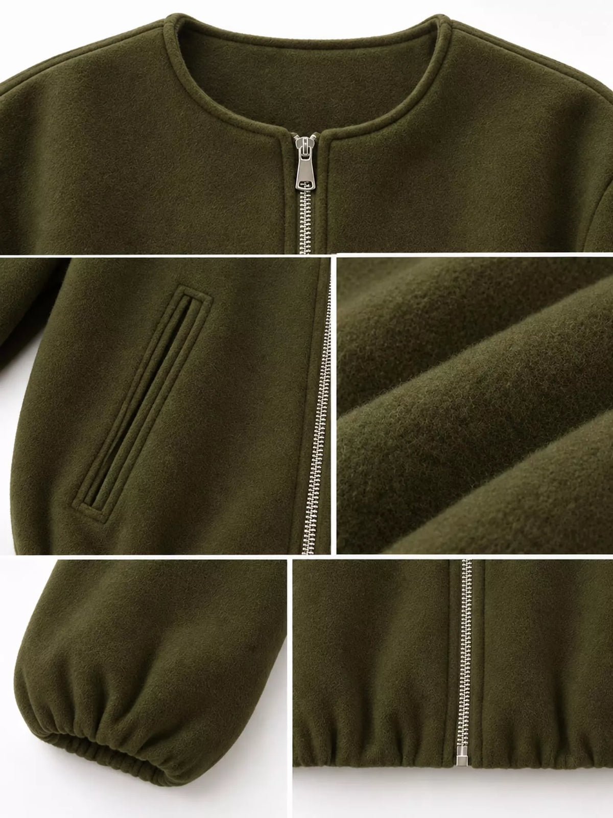 Collage of the army-green jacket's round neckline, zipper, pocket, fabric, cuff and gathered hem.