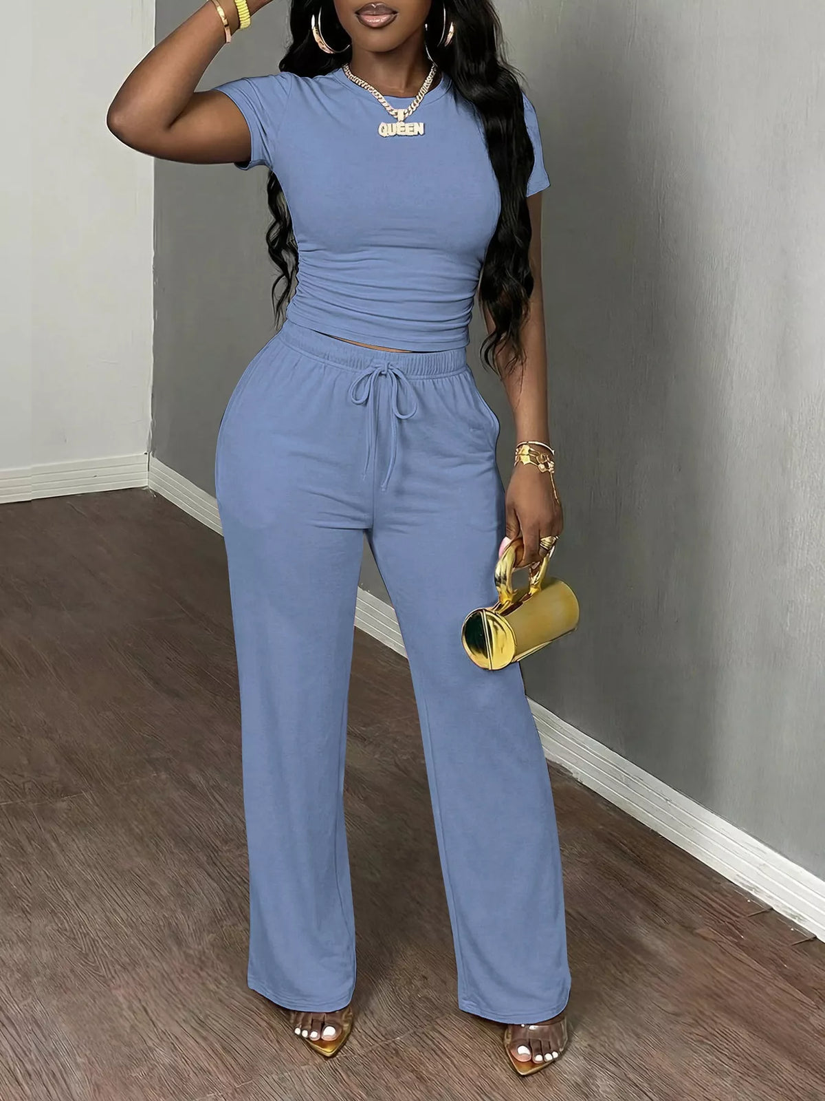 Blue short Sleeve Top and Wide Leg Pants Set