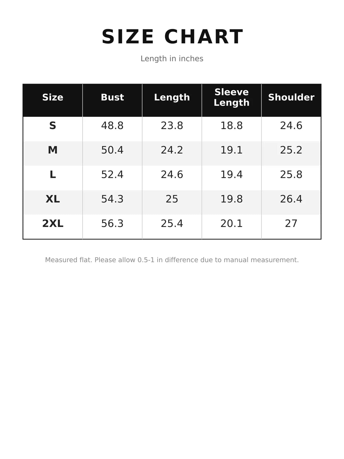 Size chart for the leopard-collar zip-up jacket, with measurements in inches.