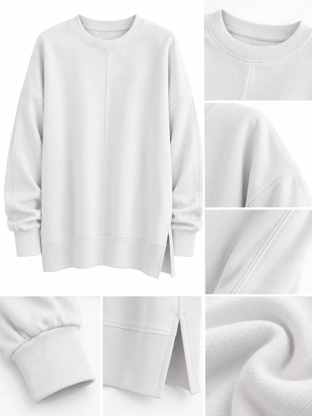 White oversized Crew Neck Sweatshirt with Side Slit — detail view