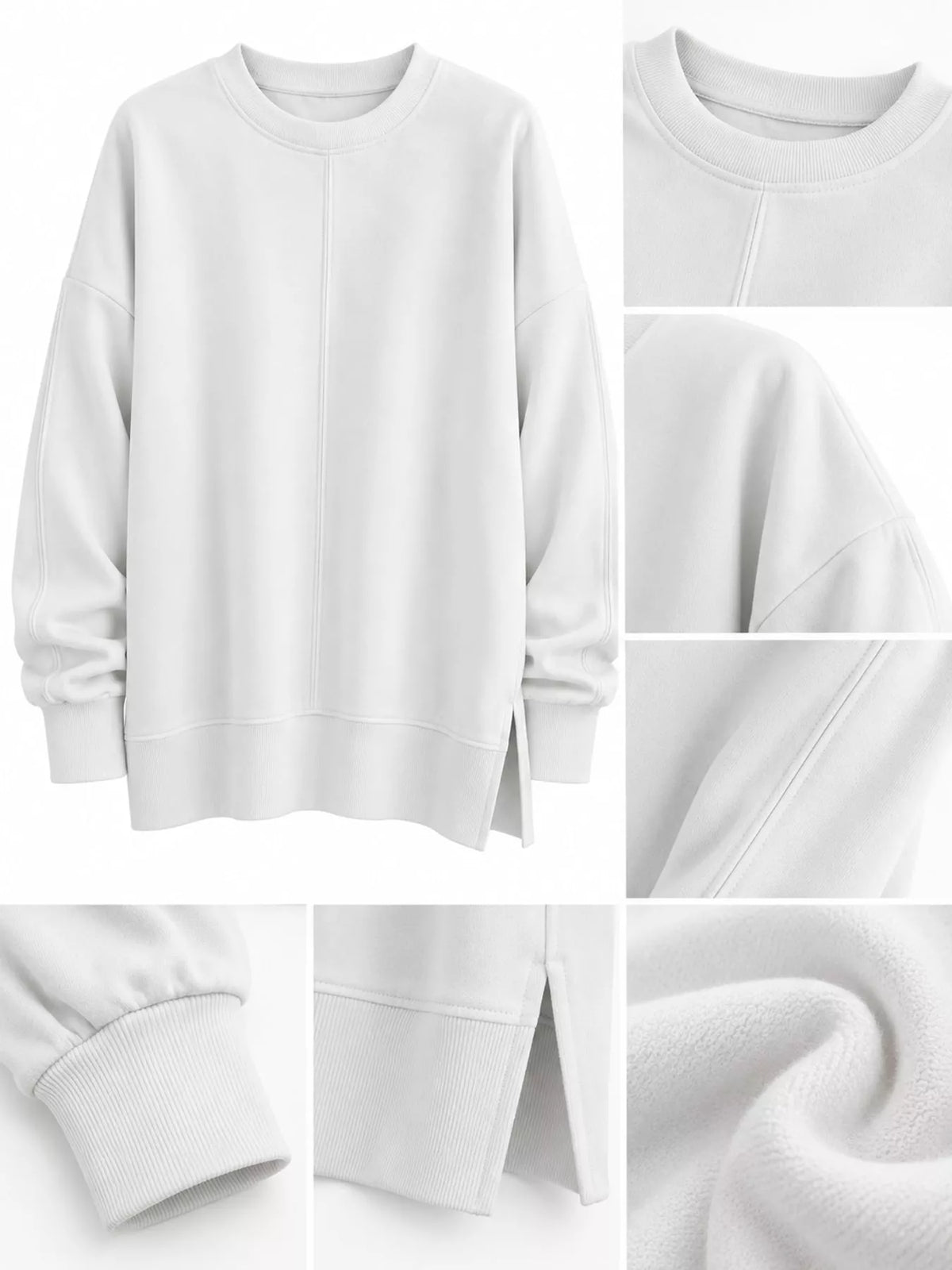 White oversized Crew Neck Sweatshirt with Side Slit — detail view